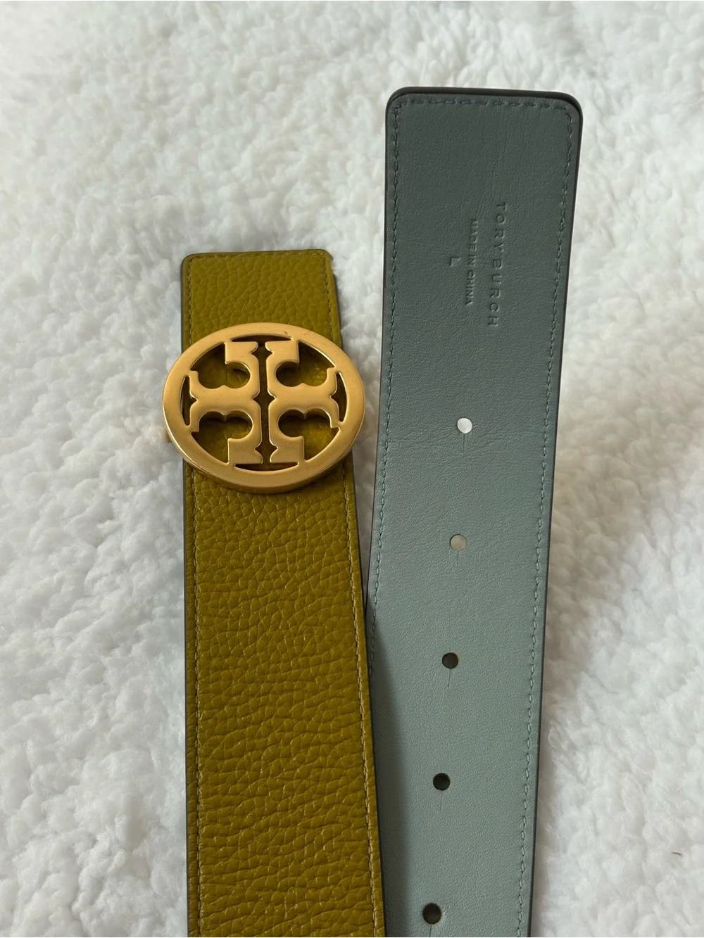 Tory Burch Olive Green Leather Belt with Gold Logo Buckle